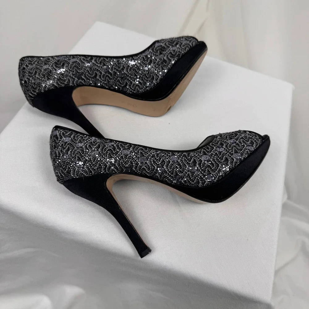 Caparros Peep Toe Heels Women 7B Black Silver Lace Sequin Sparkle Leather Sole